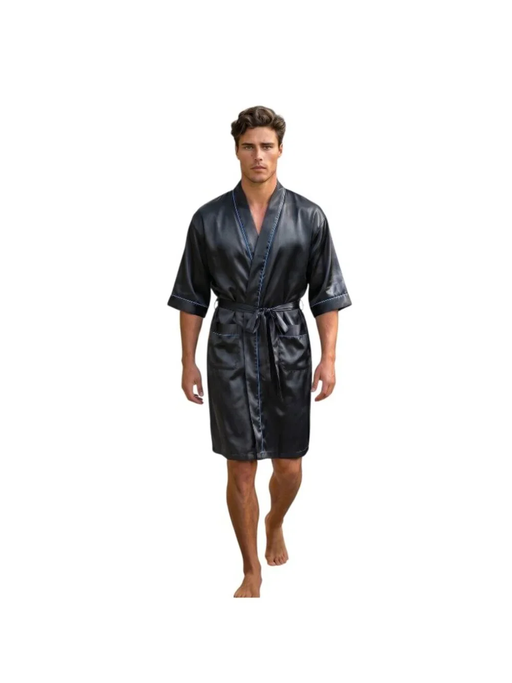 VTG Mens Satin Robe Black Blue Trim Sz One Size Mid-length Shiny Sexy‎